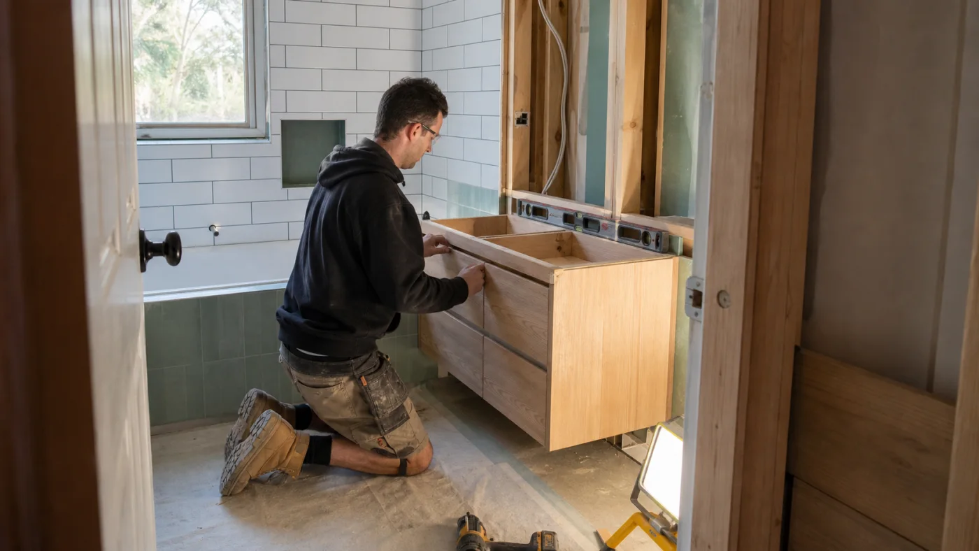 A carpenter fitting a timber vanity during a bathroom renovation