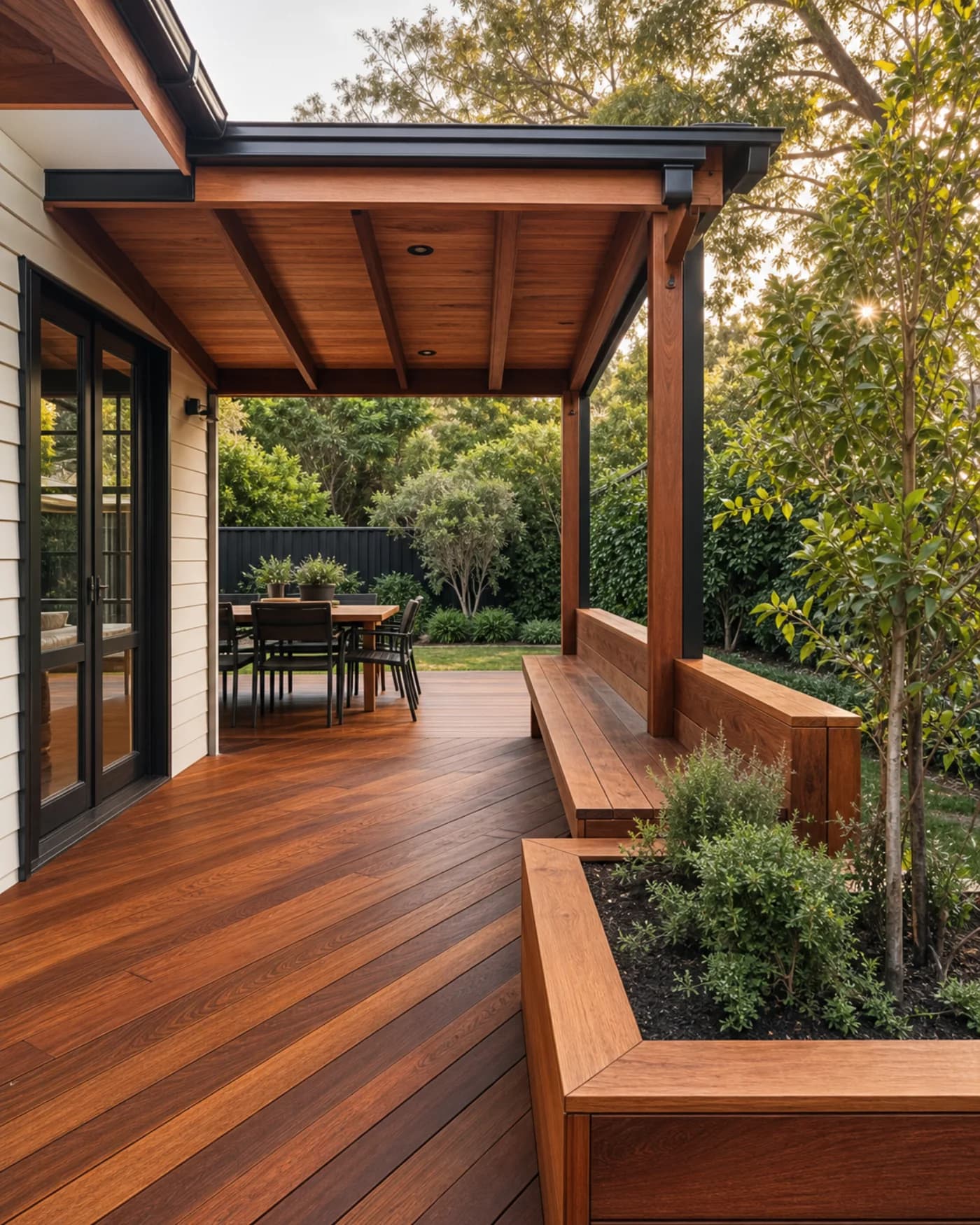 A covered spotted gum deck with built-in timber seating