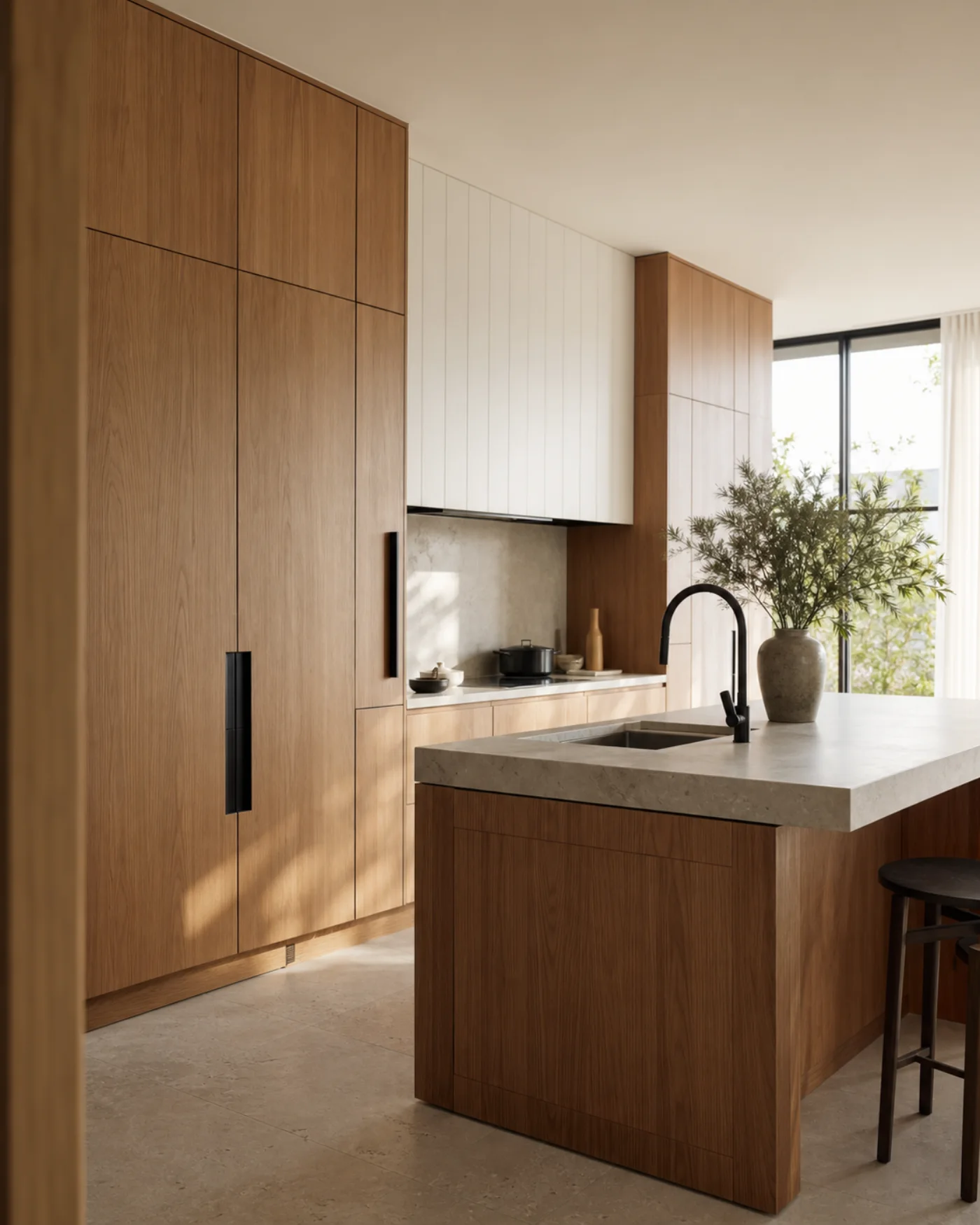 Warm oak kitchen cabinetry and a stone island