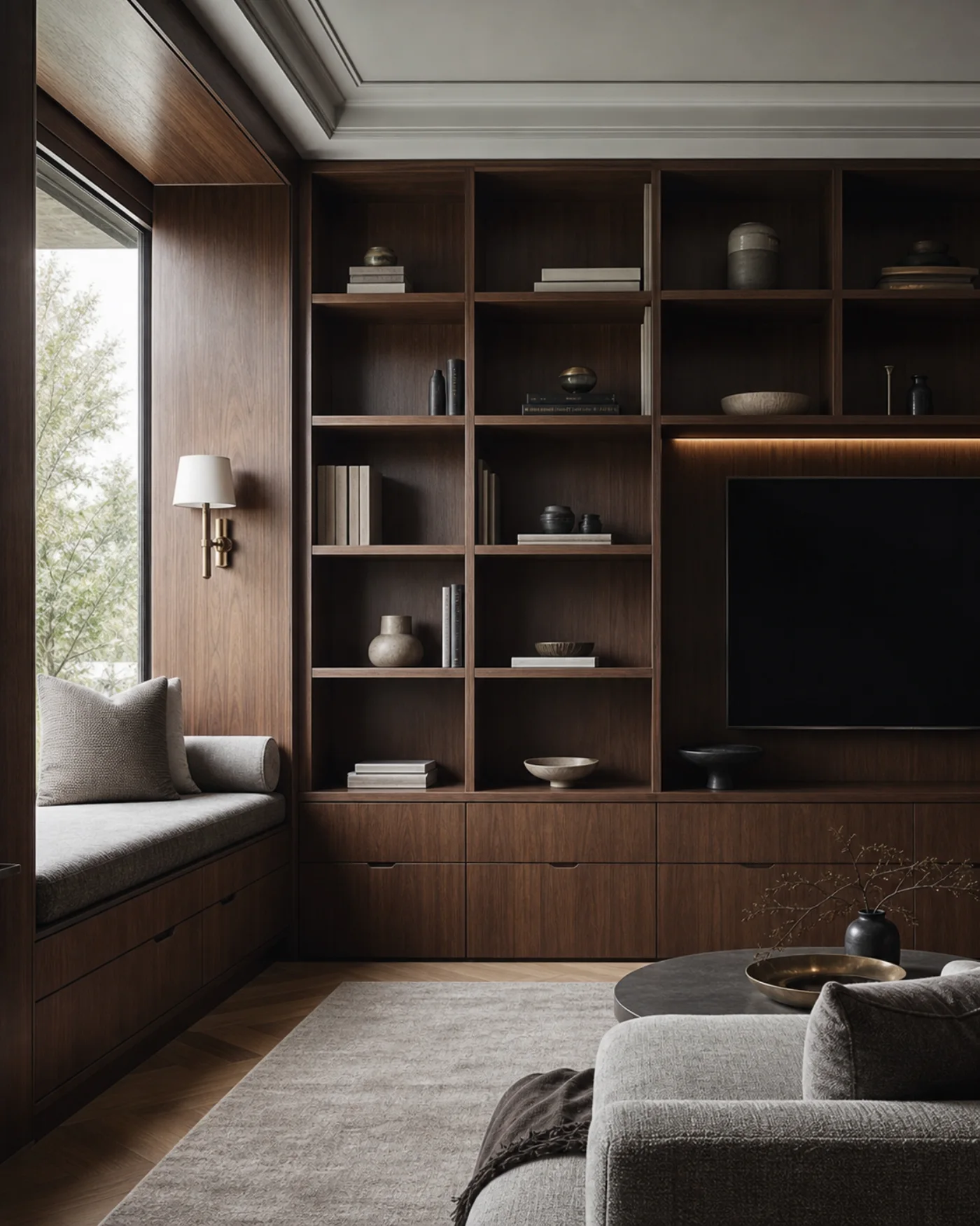 Dark walnut library shelving with a built-in window seat