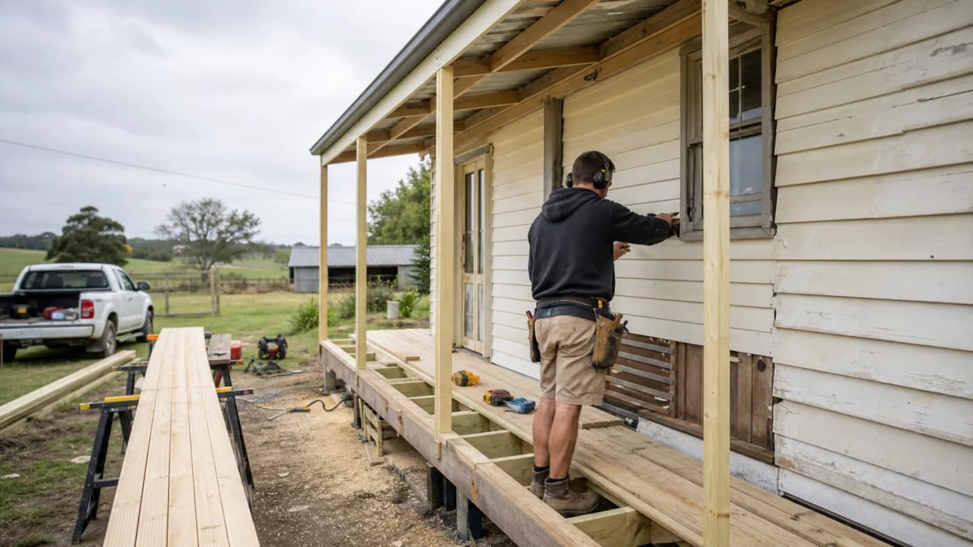 A weatherboard verandah being rebuilt on a regional Victorian home