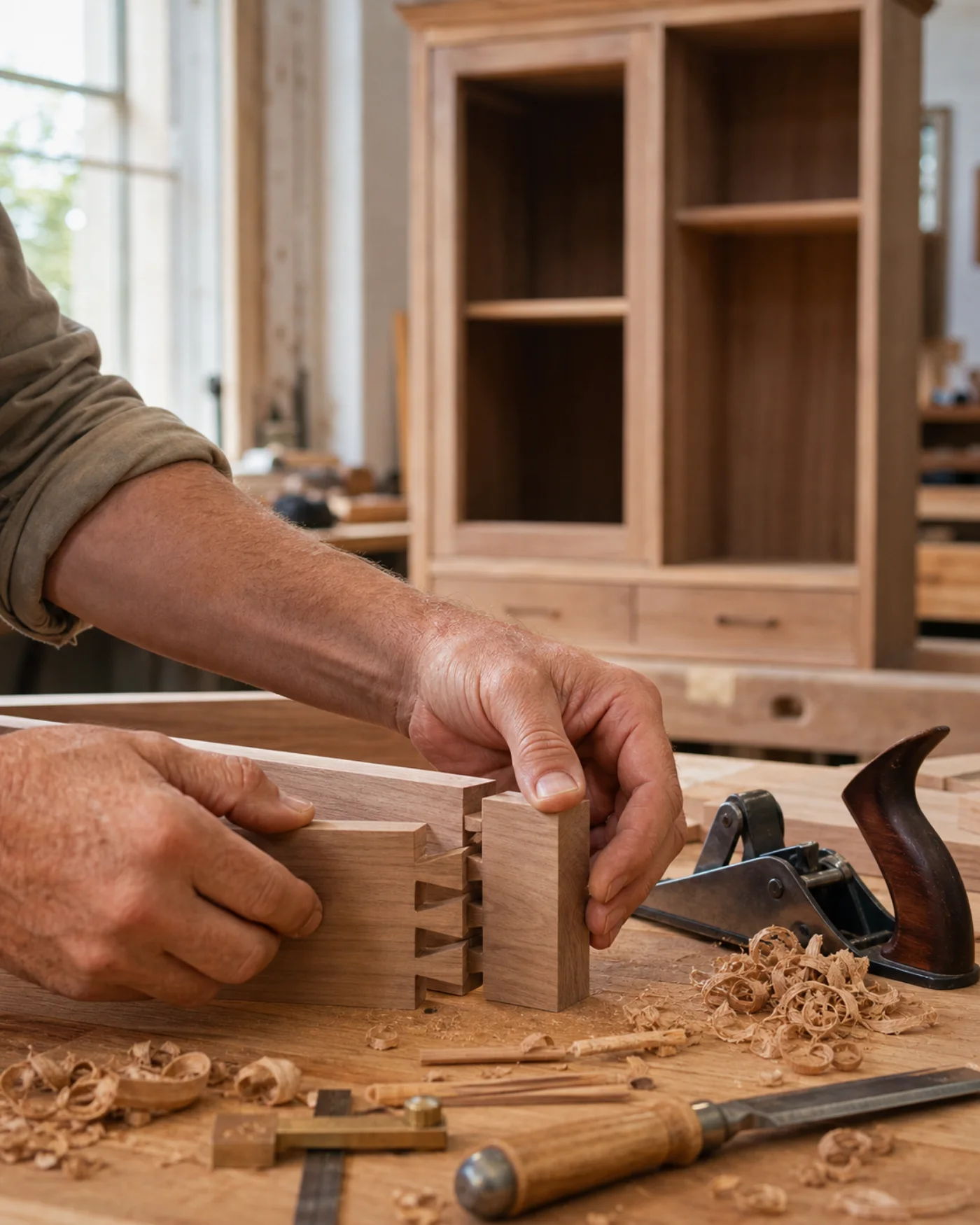 A carpenter assembling a traditional timber joint in the workshop