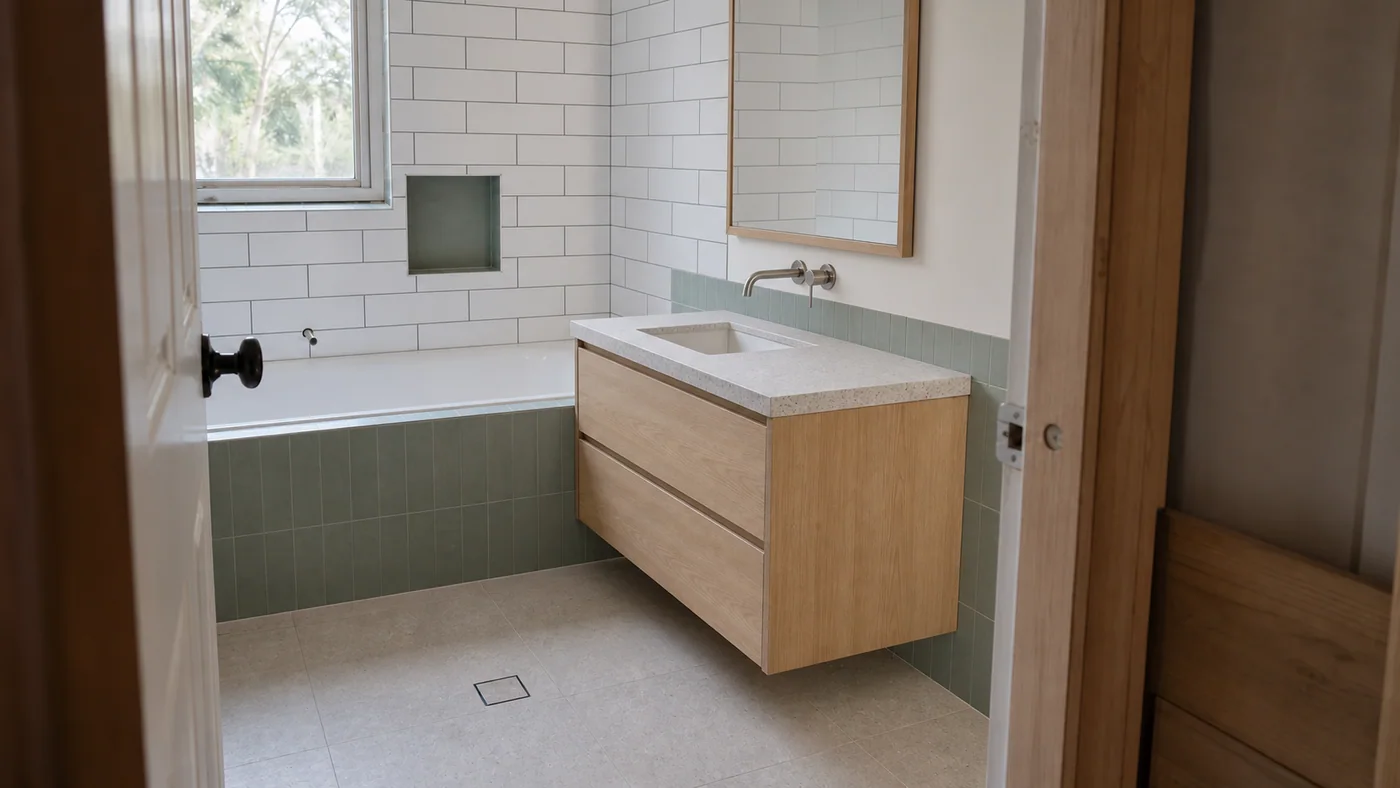 A completed bathroom with a timber vanity and sage tile