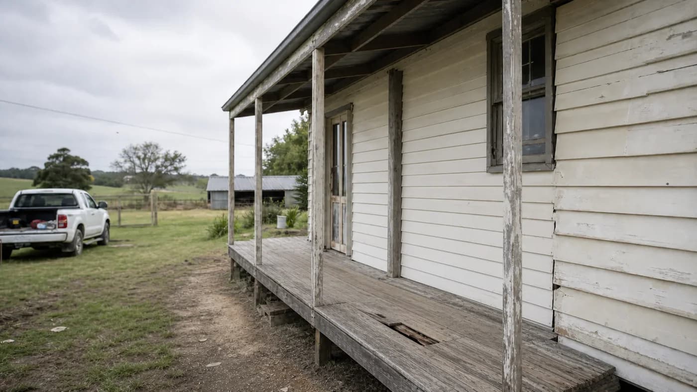 An ageing weatherboard verandah before repair work