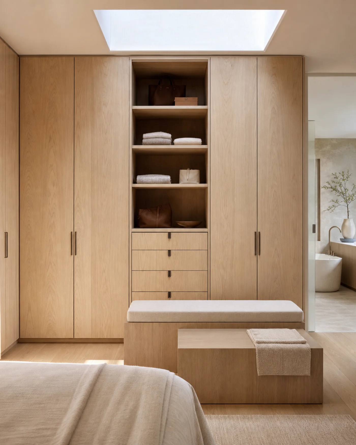 A full-height timber bedroom storage wall with drawers and open shelving