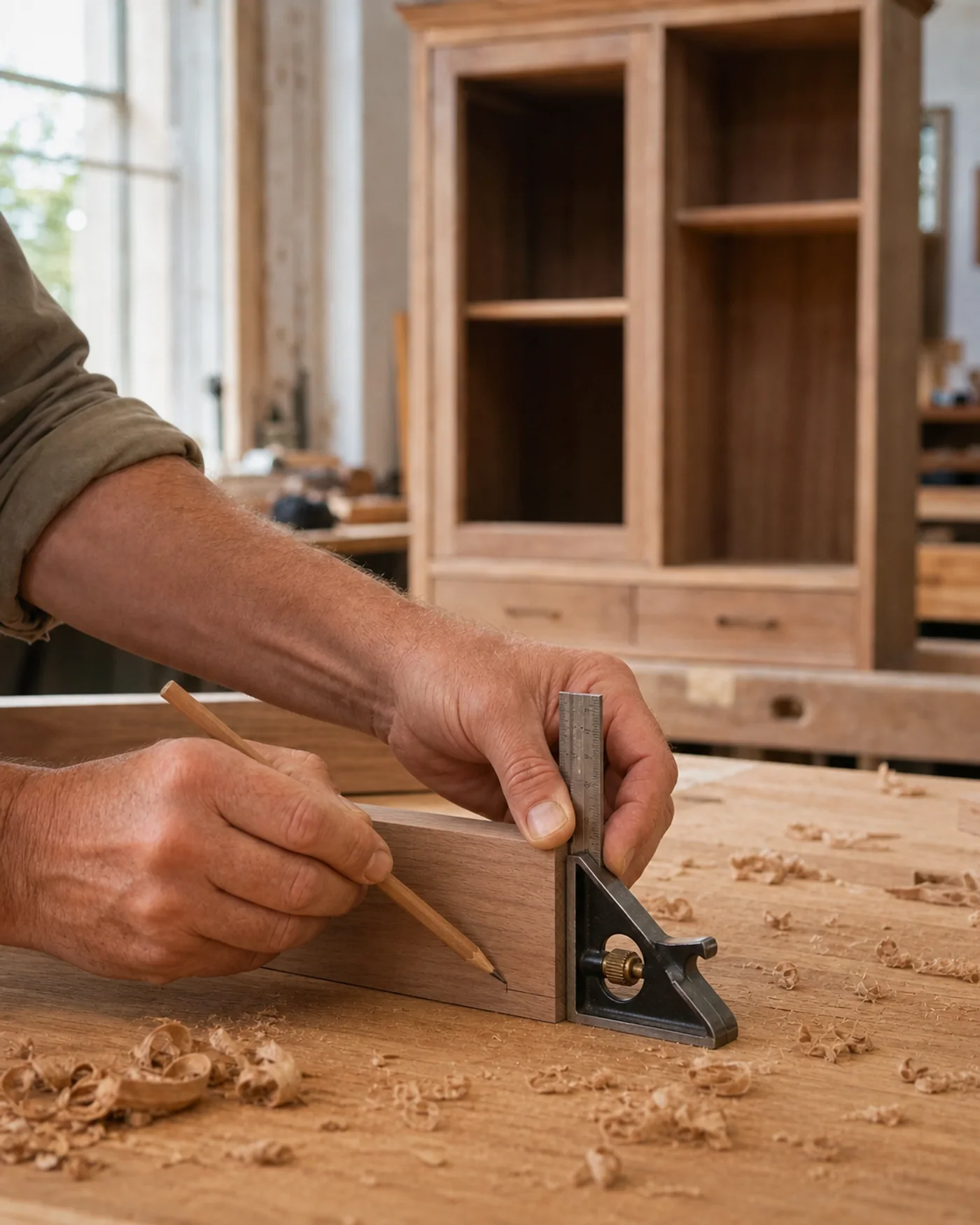 A carpenter checking and marking a hardwood board in the workshop